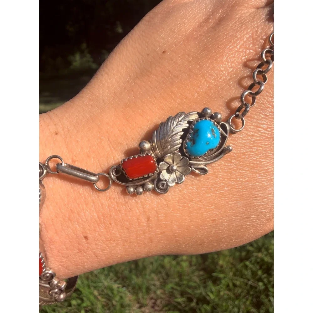 Vintage Native American Sterling Silver Turquoise Coral Bracelet Ring Signed - Picture 3 of 10